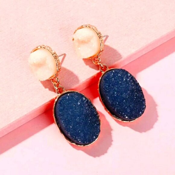 New Gold Druzy Quarts Stones Drop Earrings - Picture 1 of 5